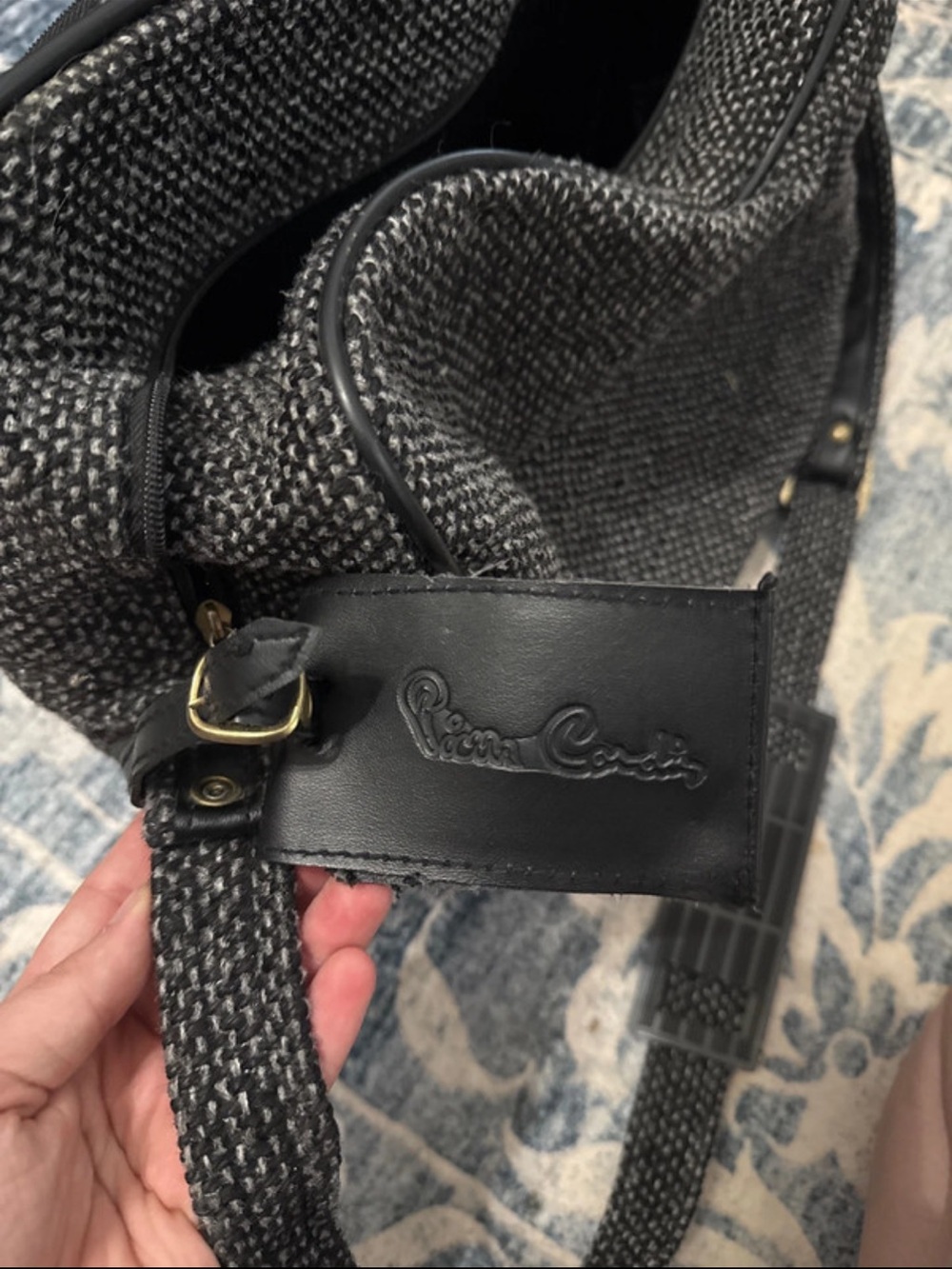 Pierre Cardin Black & Gray Tweed Shoulder Tote with Leather Trim